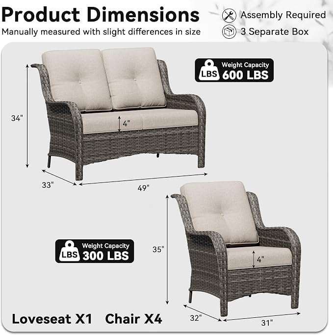 5 Piece Outdoor Wicker Patio Furniture Set, Patio Chairs Set with Thickened Olefin Cushions, High Back and Deep Seating, Hand-Woven PE Rattan for Porch, Deck