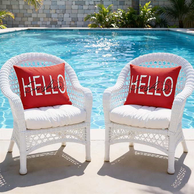 Lewondr Waterproof Outdoor Throw Pillow Cover, 18×18", Red | 2 Pack, Hello Sunshine Printing, Summer Garden Decor, For Patio Sofa, Balcony Couch, Bench Porch