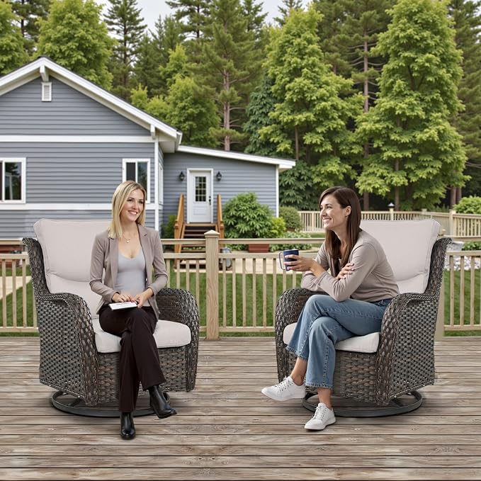 Swivel Patio Chairs Set of 2 with 5" Thick Cushion - Wicker Outdoor Swivel Rocker Patio Chairs, High Back Comfortable Outdoor Glider Chair for Balcony, Porch, Deck, Poolside - Brown/Beige