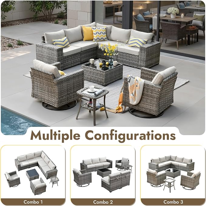 9 Pieces Patio Furniture Set, Wicker Outdoor Sectional Sofa with Swivel Chair Comfy Cushions, Modern Modular Deep Seat Rattan Couch Conversation Set for Backyard Porch Yard,Beige