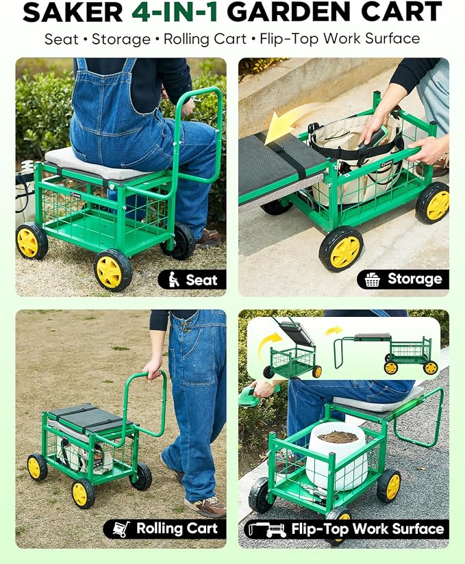 Saker Rolling Garden Cart with Seat & Wheels 15.7" EVA Padded Stool 500lb | Steel Frame,Large Storage Basket, Luxury Version, for Patio, Lawn, Yard – Mobile Workseat with Tool Carrier(Luxury Version)
