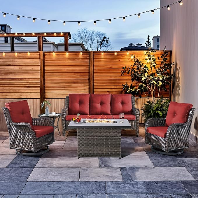 HUMMUH Patio Furniture Set with Fire Pit Table 5-Piece Wicker Outdoor Swivel Rocker Patio Chairs High Back Outdoor Couch Conversation Set for Porch, Backyard, Deck