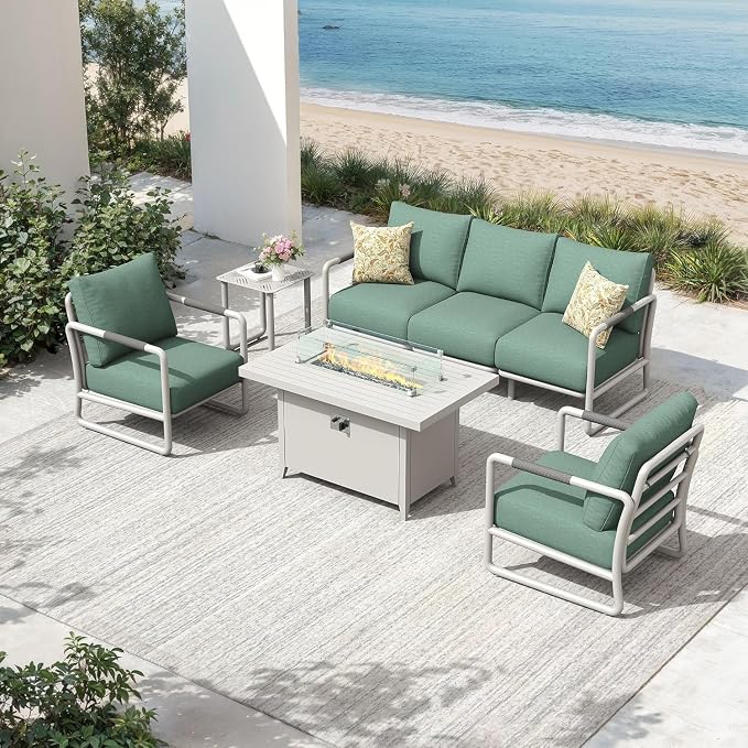 5-Seat Aluminum Patio Conversation Set, Modern Outdoor Sofa with Oversized Fire Pit Table (Glass Wind Guard), 6.5" Thick Cushions, All-Weather for Balcony, Garden (White)