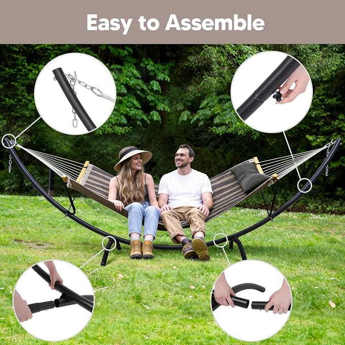 SUNCREAT Hammocks for Outside with Stand, Porch Hammock and Stand, 475 lbs Capacity, Patent Pending, Gray Stripes