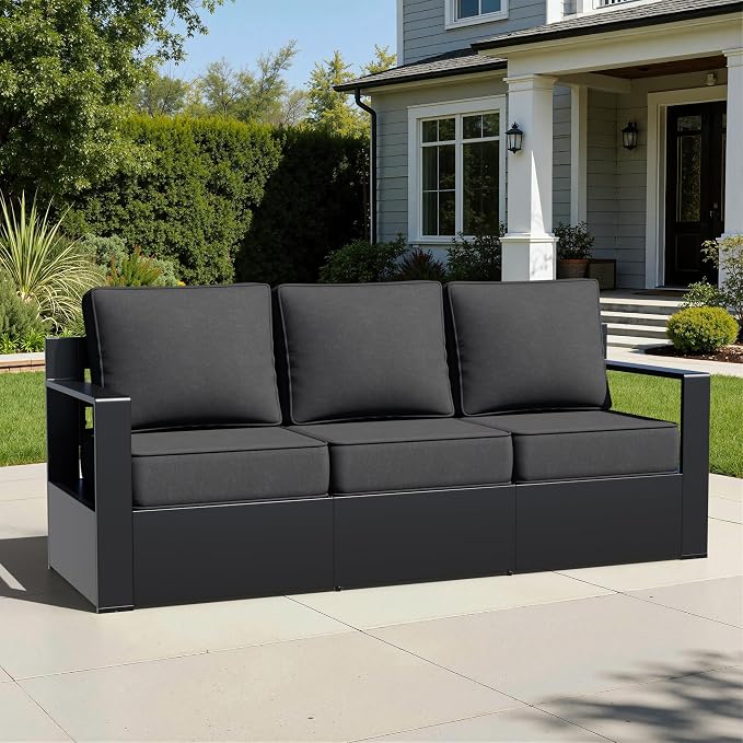 Aluminum Patio Sofa - 3-Seater Outdoor Couch with 6" Thick Removable Cushions, All-Weather Metal Frame, Deep Setting for Garden, Poolside and Porch