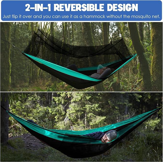 Gold Armour Camping Hammock - Camping Essentials, Double Hammock with Bug Net, Camping Gear Hammock for Outside, Hiking, and Travel (Black & Seafoam)