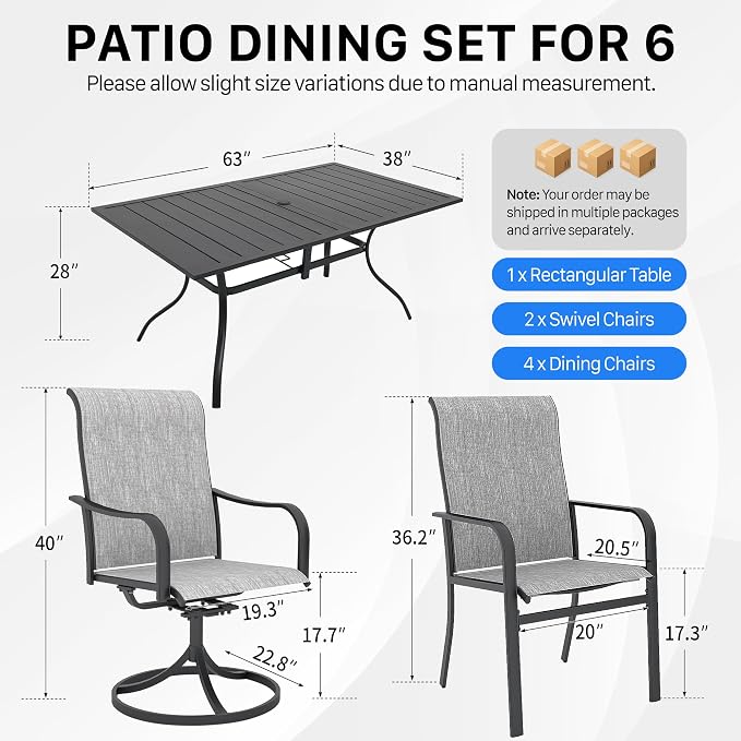 Anmutig 7 Pieces Outdoor Patio Dining Set, 63" Rectangle Metal Table with Textilene Swivel Chairs & Fixed Chairs, Outdoor Furniture Set for Backyard, Deck, Porch
