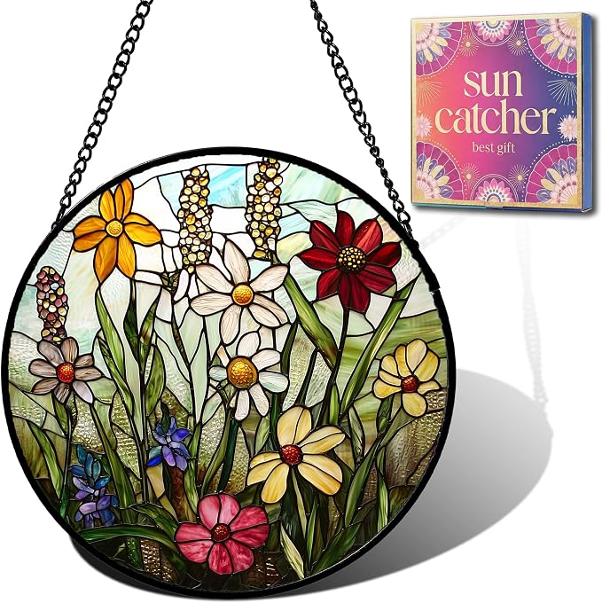 Birthday Gifts for Women - Wildflowers Faux Stained Glass Window Hanging Sun Catcher for Door Garden Acrylic Decor Mother's Day Christmas for Mom Nana Grandma Sisters Wife 6.3"