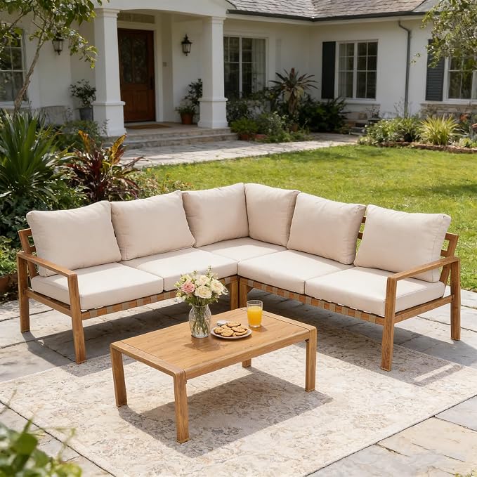4-Piece L-Shaped Outdoor Patio Furniture Set, All-Aluminum Corner Sectional Sofa with Wood Grain Finish, Cushioned Seating & Plastic Wood Coffee Table, for Backyard & Balcony