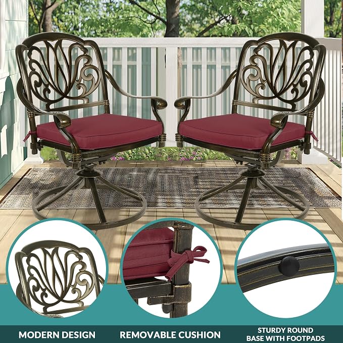 MEETWARM 9-Piece Outdoor Patio Dining Set for 8, All Weather Cast Aluminum Patio Funiture Table and Chairs Set- Large 64" Square Table and 4 Swivel Rocker Chairs, 4 Stationary, Umbrella Hole, Red