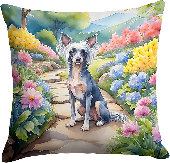 Caroline's Treasures Chinese Crested Spring Path Throw Pillow Machine Washable, Indoor Outdoor Decorative Pillow for Couch, Bed or Patio, 18Hx18W