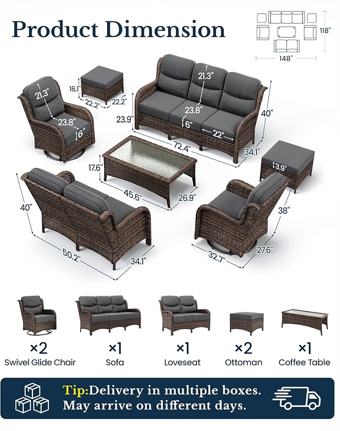 HILLGA Luxury High Back Patio Furniture Set with 6-Inch Thick Cushion, 7-Piece Outdoor Conversation Set with Sofa, Swivel Rocker Chairs & Ottomans, Ideal for Porch Pool Deck Yard (Dark Grey)