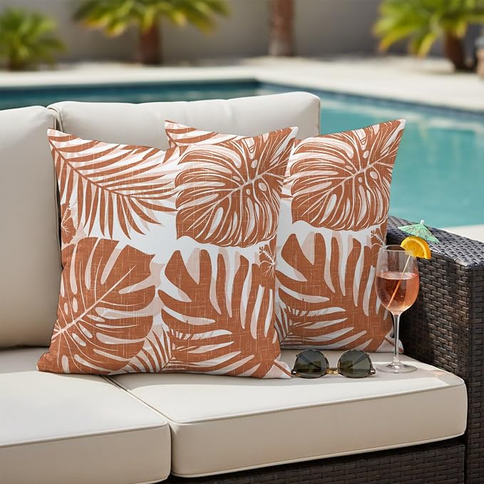 Burnt Orange Palm Leaves Outdoor Pillow Covers 26"x26" Set of 2, Tropical Botanical Minimalist Modern Waterproof Throw Pillow Covers for Patio Furniture, Decorative Cushion Covers for Porch