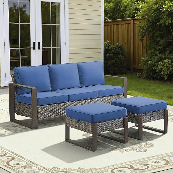 3 Pieces Patio Sofa Set with Metal Arm, High Back Wicker Sectional Outdoor Sofa with Ottomans, Outdoor Seating Furniture High Back Conversation Set for Balcony Deck Porch Backyard, Grey/Blue