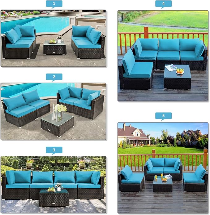 COSTWAY 5-Piece Outdoor Patio Furniture Set, PE Rattan Sofa Chairs with Cushions and Tempered Glass Coffee Table, Conversation Sofa Set for Backyard Garden (Turquoise)