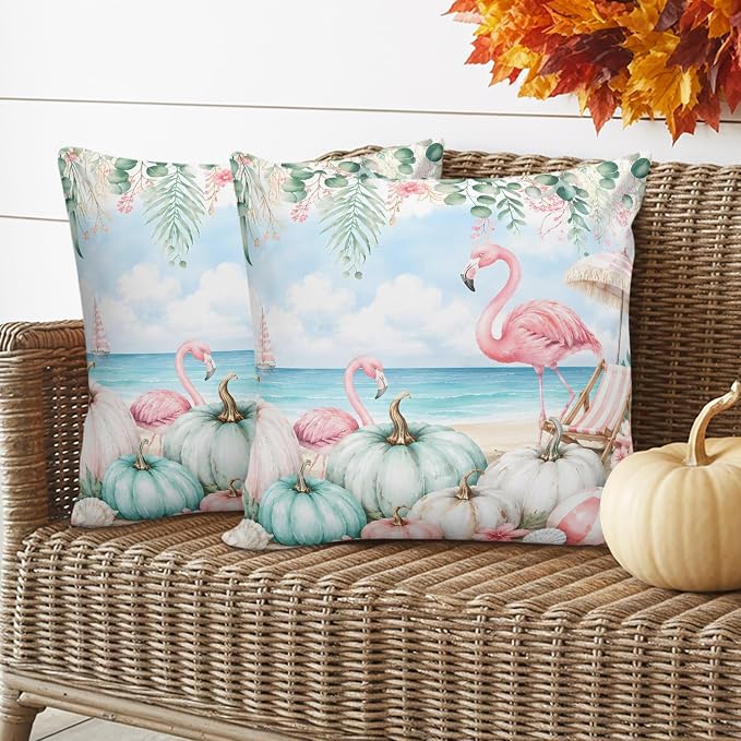 Coastal Fall Throw Pillow Covers 24x24 Inch Set of 2, Thanksgiving Waterproof Outdoor Pillow Covers, Flamingo Pumpkins Eucalyptus Decorative Cushion Pillowcases for Couch, Sofa, Bed, Garden, Patio