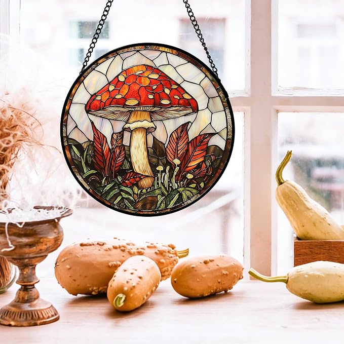 DASTOLL Stained Glass Window Hanging, Big Red Mushroom Suncatcher for Doors Home Sun Catchers Decoration and Christmas, Mother's Day Birthday Gifts for Women, Men, and Mom 7.8 in