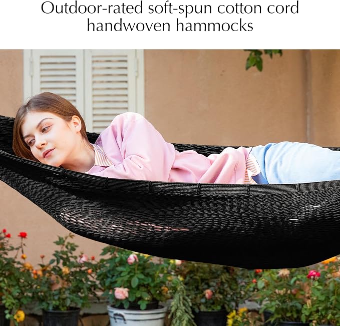 PNAEUT Handwoven Mayan Hammock, Thick Soft Rope Double Hammock for Outdoor Outside & Indoor, 600 lbs Capacity Heavy-Duty, Includes Tree Straps, Carabiners & Carrying Bag (Sombra Negra, X-Large)