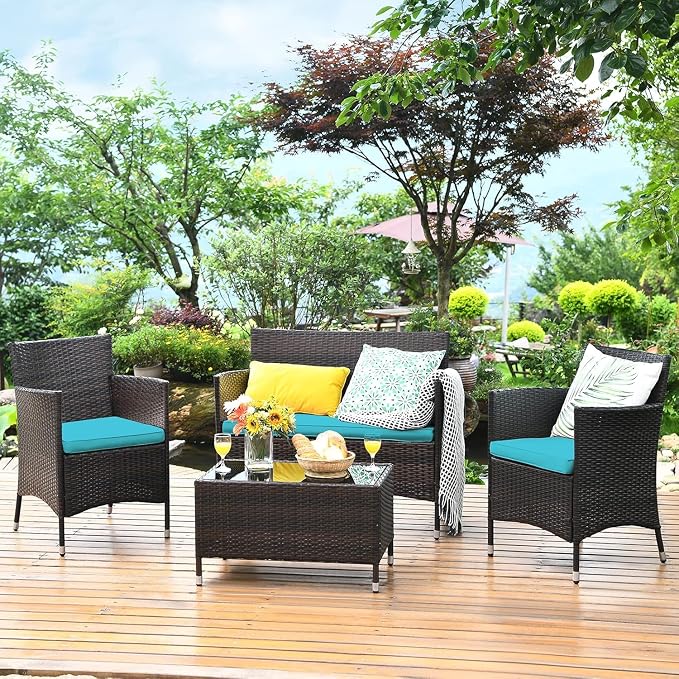 COSTWAY Outdoor Rattan Patio Furniture Set 4 Pieces | Wicker Rattan Cushioned Conversation Conversation Chairs with Coffee Table for Backyard Balcony Porch Poolside, Turquoise