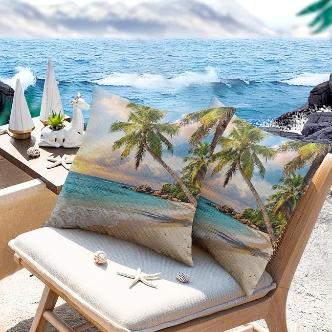 Throw Pillow Covers, Beach Tropical, 18 x 18 Inch, Set of 2 | Ocean Coastal Farmhouse Outdoor Waterproof Square Cushion Case Garden Decorative Pillows for Couch Patio