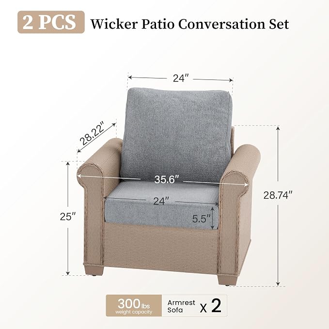SUNSHINE VALLEY Patio Furniture Set 2 pcs, Wicker Rattan Outdoor Sofa Furniture with 5.5” Thick Cushions, 2 Chairs Outdoor Conversation Set for Garden Backyard Deck, Grey