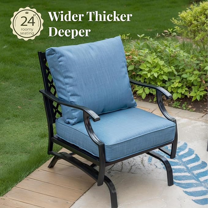 MIXPATIO Patio Furniture Set, 4 Pcs Metal Outdoor Conversation Set, 2 Rocking Chairs and 3 Seater Sofa with 5.75" Extra Thick Cushion and Gas Fire Pit Table for Backyard Deck, Navy Blue