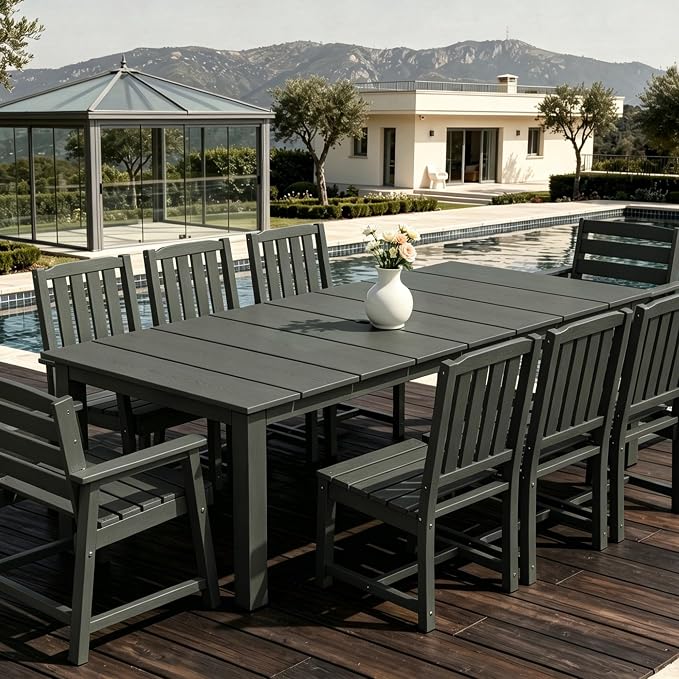 AreShark 9-Piece Outdoor Dining Set,HDPE Patio Table with 8 Chairs,All-Weather Patio Furniture Set with Umbrella Hole,Low Maintenance Wood Grain Dining Set for Backyard,Garden,Poolside,Gray