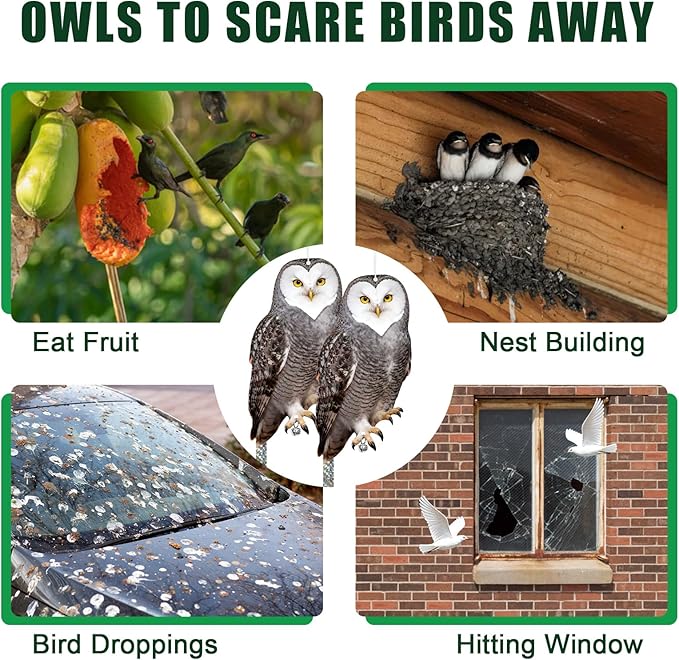 Owls to Keep Birds Away: 3Pcs Fake Owl with Reflective Tape for Orchard Garden Patio Pool, Reflective Hanging Decoration to Keep Birds Pigeon from Windows Tree Vineyard