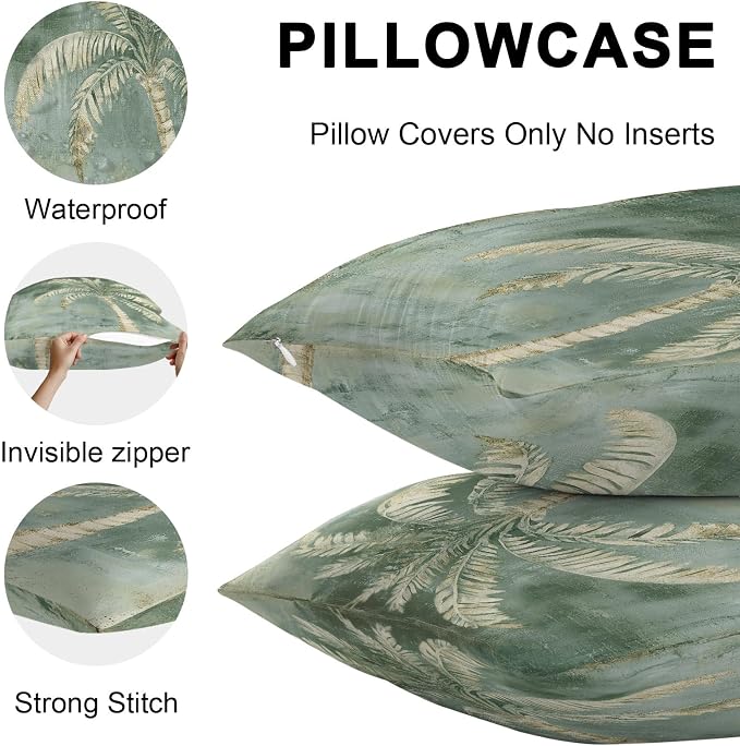 Coastal Beach Tree Sage Green Outdoor Waterproof Pillow Covers, Vintage Summer Palm Tree Decorative Square Throw Pillowcase, Tropical Botanical Sofa Cushion Sham for Patio/Couch/Chair, 24"x24" 2 Pack