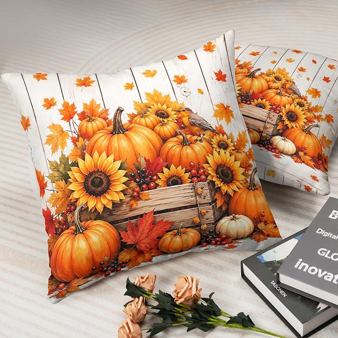 Autumn Pumpkin Throw Pillow Covers Fall Pillow Covers 18x18 Set of 2 Thanksgiving Maple Leaf Pillow Cases Harvest Sunflowers Cushion Cases for Sofa Couch Porch Patio