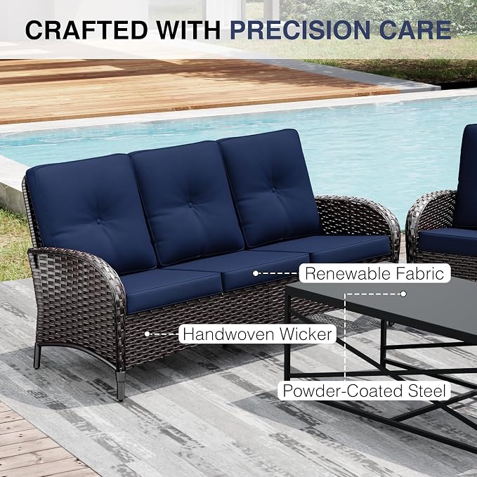 Joyside Wicker Patio Furniture Set, 6 Piece Outdoor Furniture Set with Thickened Cushions, High Back, Deep Seating, Wide Armrest, Rattan Outdoor Chairs for Porch, Deck