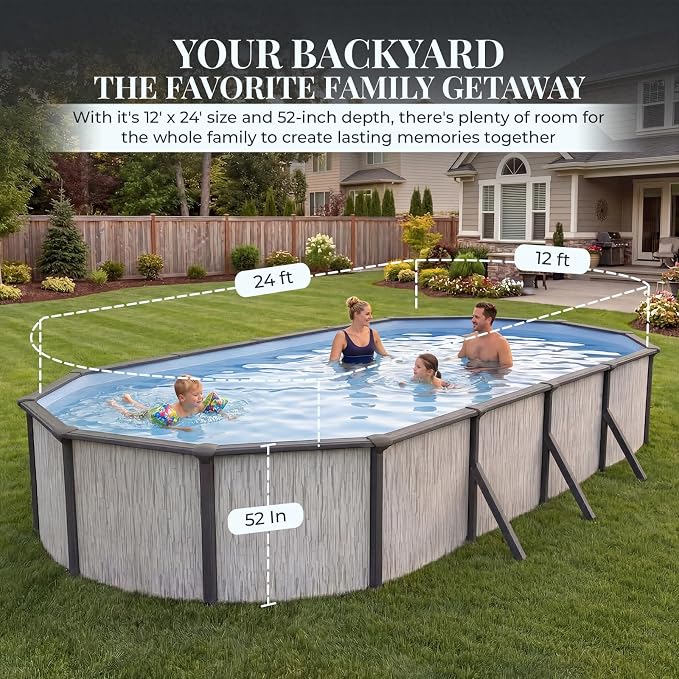Blue Wave Sevilla 12x24-ft Oval 52-in Deep Hard Sided Steel Wall Above Ground Pool with 6-in Top Seats, 5-in Verticals, Skimmer & Vinyl Liner - 6,300 Gallon Cap for Family Swimming & Recreation