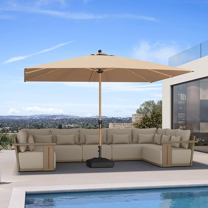 PURPLE LEAF 8' x 11.5' Patio Umbrella Outdoor Table Umbrella Rectangular Aluminum Market Umbrella with 8 Sturdy Ribs & Crank Outdoor Umbrellas for Garden Deck Patio, Taupe