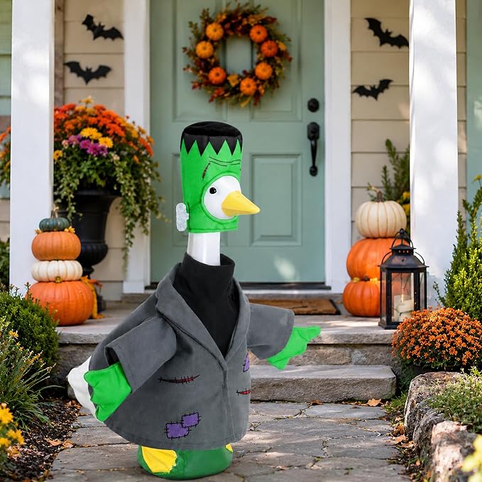 Watayo 2 Pcs/Set Halloween Monster Goose Outfits, Porch Goose Statue Monsters Costume, Grey Lawn Goose Monster Clothes with Hat for 23" Statue Halloween Fall Outdoor Patio Garden Yard Decor