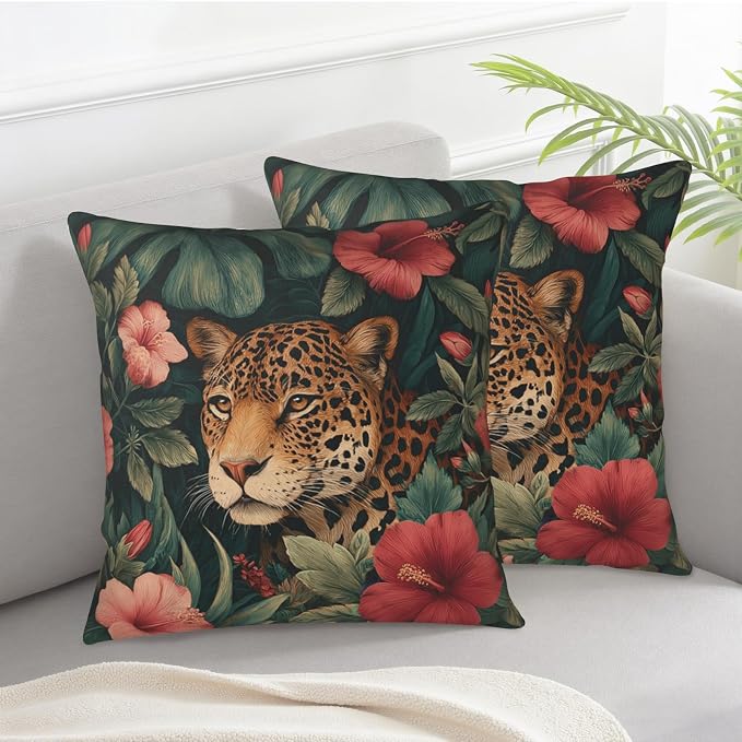 Tropical Leopard Floral Pillow Covers Hawaiian Monstera Leaves Hibiscus Flower Throw Pillow Covers 20x20 Set of 2 Summer Jungle Cheetah Pillow Cases for Sofa Couch Home Decor