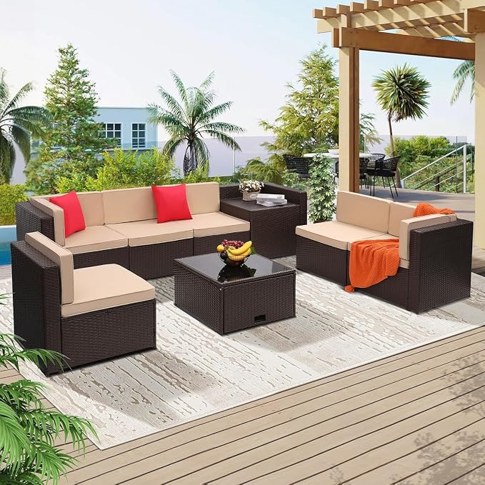 8-Piece Outdoor Wicker Patio Furniture Set with Glass Top Table Featuring Hidden Storage for Backyard, Garden, Deck, or Porch(Gray2)