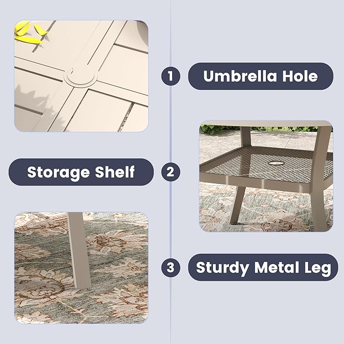 VICLLAX 5 Pieces Patio Dining Set, Patio Furniture Set of 4 Patio Swivel Dining Chairs and 40.6" Patio Spliced Round Tabletop with Storage Shelf, Sandshell Chairs & Sandshell Tabletop