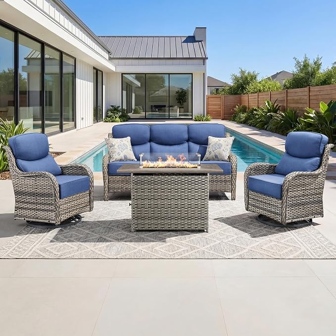 Luxury Patio Furniture Set with 6-inch Thick Cushion, Outdoor Furniture with Fire Pit Table, Swivel Chairs, Sofa, 4pcs Wicker Conversation Set for Deck Yard and Poolside Grey Wicker | Blue Cushion