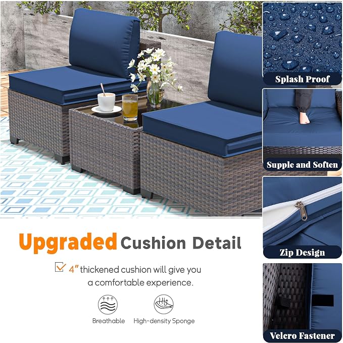 Patio Furniture Set 9 Pieces Outdoor Sectional Sofa Set,All Weather Wicker Patio Sofa PE Rattan Patio Conversation Set w/Cushions and Glass Coffee Table,Navyblue