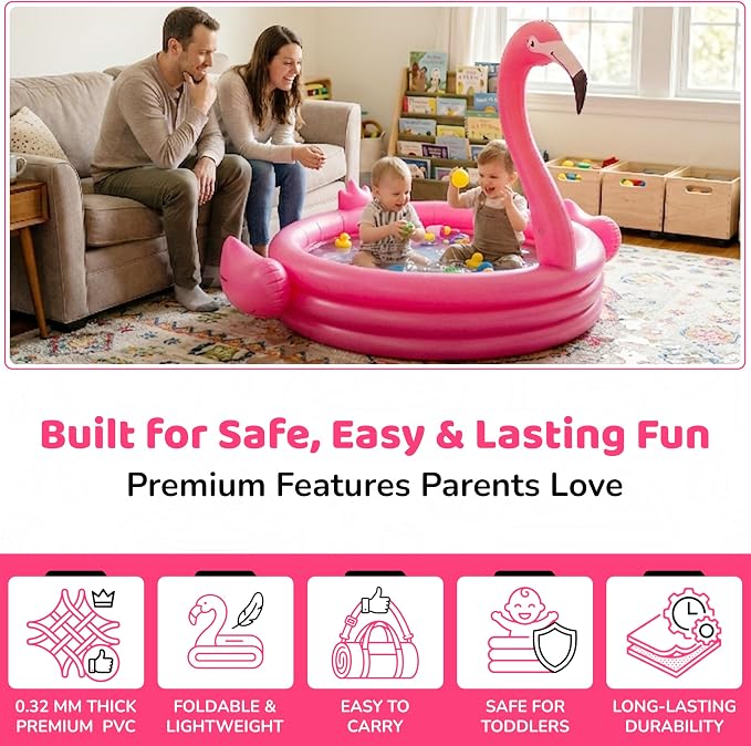 Pink Flamingo Kiddie Pool 48” Inflatables Pool for Kids Holds 65 Gallons of Water - Baby Blow Up Swimming Fun for Kids 1-3 - Portable Backyard Water Play Pools for Boys & Girls