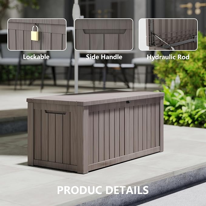 LAUSAINT HOME 120 Gallon Resin Deck Box, Package Delivery Box with Lockable Lid, Waterproof Outdoor Storage Box For Garden Tools, Patio Cushions(120 Gallon,Grey)