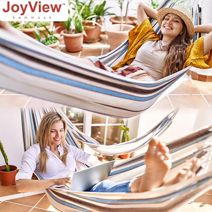 JoyView Brazilian Hammock for Single Preson Portable Hammock with Hanging Ropes & Carry Bag Large 78.8x39.4” for Patio 300LBS Capacity Perfect for Outdoor/Indoor - Grey Stripe