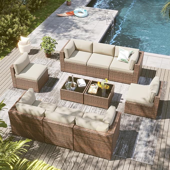 LazySunsets 10 Piece Outdoor Patio Furniture Set with Coffee Table, Outdoor Patio Furniture Sets with Thicken Cushion, Wicker Rattan Outdoor Conversation Set for Backyard & Garden, Beige