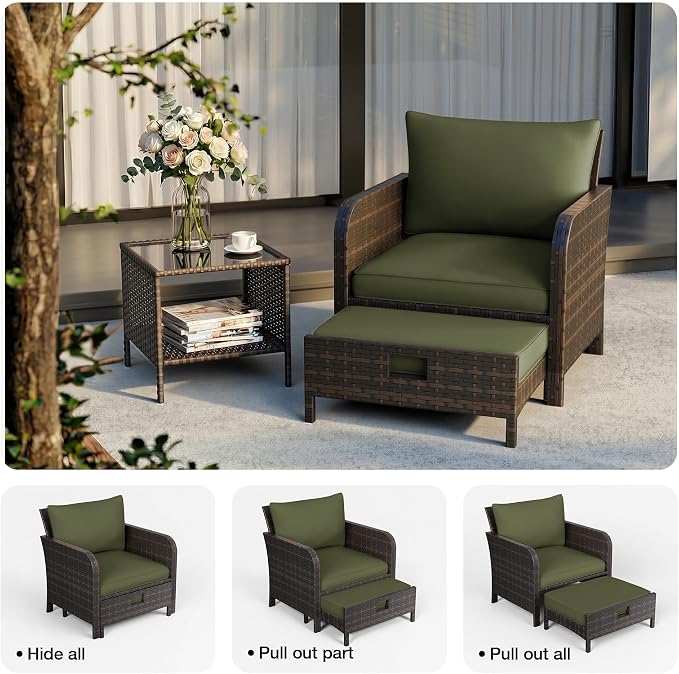 LEVELEVE Patio Conversation Set 5 Piece, Balcony Furniture Outdoor PE Rattan Wicker Lounge Chairs with Soft Cushions, 2 Ottomans & Glass Table for Porch Lawn, Brown (Army Green Cushions