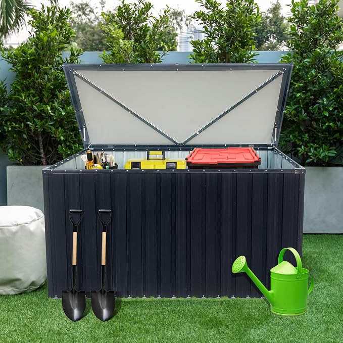 Outdoor Metal Storage Box 215 Gallon, Patio Deck Box for Cushions, Tools & Toys, Weather-Resistant Garden Storage Container for Backyard, Patio & Terrace