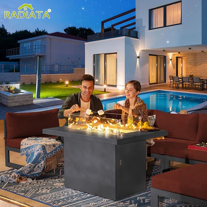 RADIATA 8 Person Modern Aluminum Outdoor Patio Furniture Set with Chaise & Firepit Table, 29 inch Wide Deep Seat, All Weather Modular Sectional Couch, Oversized Conversation Set for Garden Deck, Red
