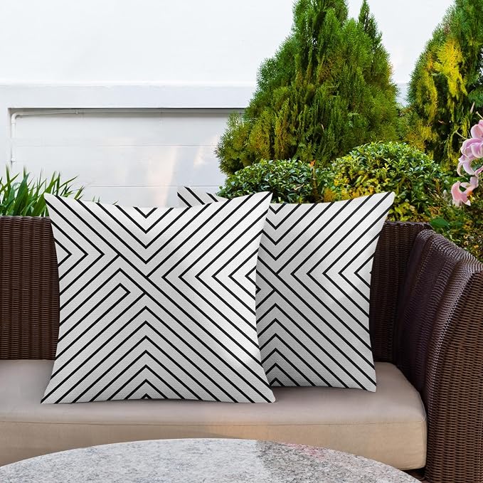 Outdoor Throw Pillow Covers, Black Stripes, Set of 2, 18 x 18 Inch | White Waterproof Modern Pillowcase Square Cushion Case Farmhouse Garden Decorative Pillows for Couch Beach Patio