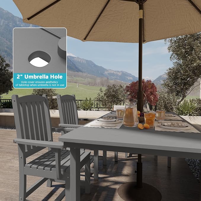 ROCSUMOO 7-Piece Outdoor Dining Table Sets, Patio HDPE Dining Table and Chair Set with Umbrella Hole, All Weather Outdoor Dining Furniture Set (Grey, 1 Table + 6 Chairs)