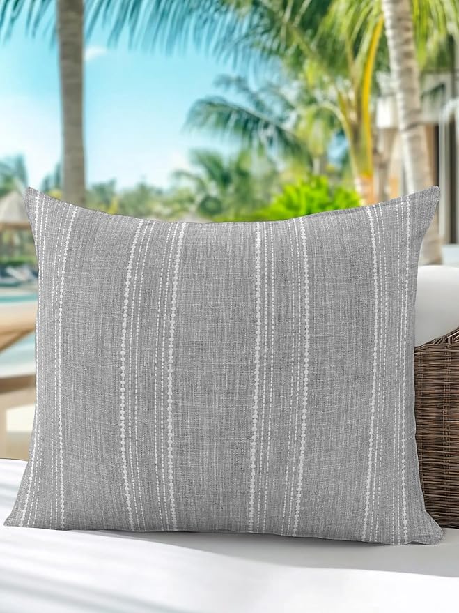 Waterproof Outdoor Pillow 1 Pack Gray Linen Stripes Decorative Throw Pillows Cover & Insert 18x18 Inch Pillowcase Parallel Vertical Lines Pillows for Couch Sofa Bed Patio Furniture Indoor Outdoor