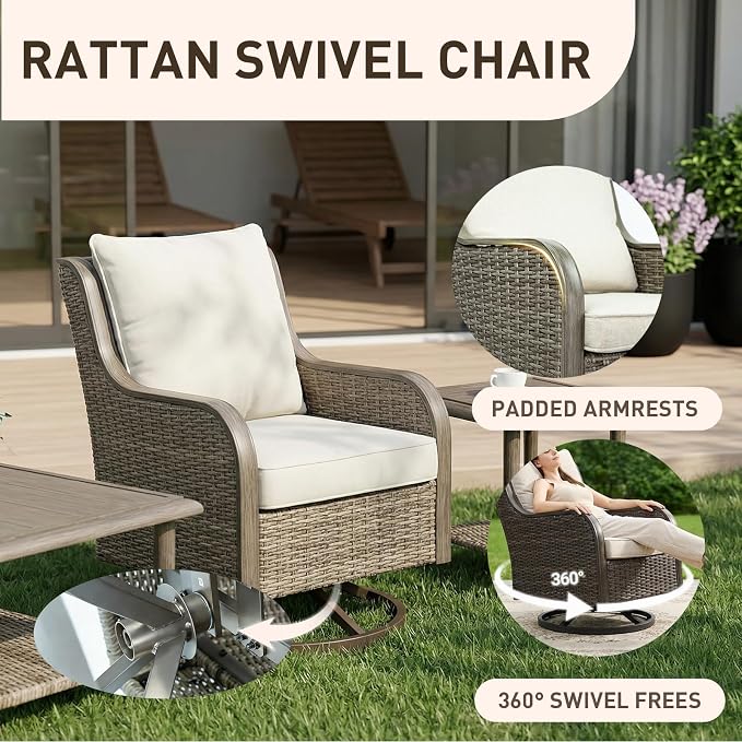 Swivel PE Wicker Chair, Outdoor Patio Chair with 360° Rotation & Water-Resistant Cushion for Porch, Deck, Balcony – All-Weather Handwoven Design (Beige, 4-PCS1)